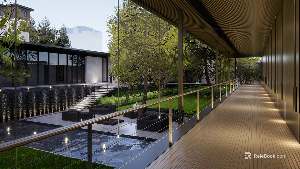 Modern Glass Entrance Gate Featuring Wooden Deck Railing Stone Steps and Pool 3d model 