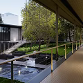 Modern Glass Entrance Gate Featuring Wooden Deck Railing Stone Steps and Pool