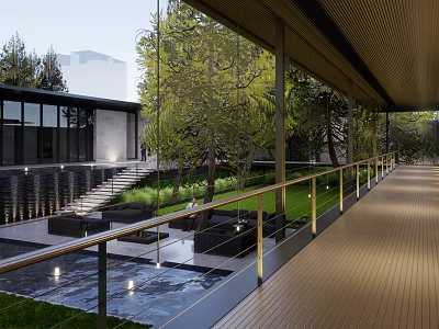 Modern Glass Entrance Gate Featuring Wooden Deck Railing Stone Steps and Pool 3d model