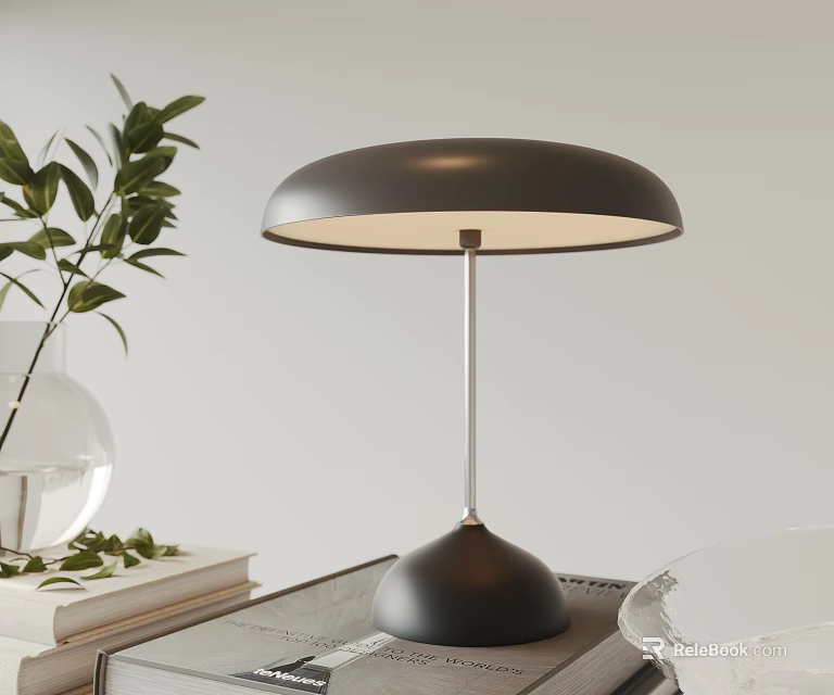 Modern Minimalist Black Table Lamp With Round Shade Metal Pole And Green Plants On Tabletop 3d model 