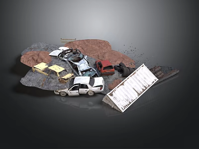Car Wreckage Scene With Various Colored Vehicles And Broken Parts 3d model