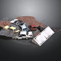 Car Wreckage Scene With Various Colored Vehicles And Broken Parts