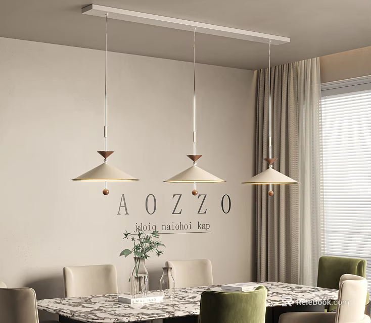 Modern Minimalist Dining Room Featuring Three Pendant Lights With Dining Table And Chairs 3d model 