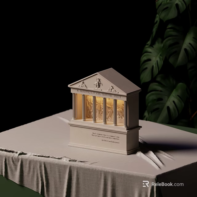 Classical Temple Style Wall Lamp With Carved Columns Soft Light And Monstera Leaves Accent 3d model 