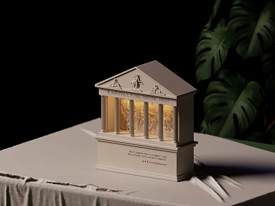 Classical Temple Style Wall Lamp With Carved Columns Soft Light And Monstera Leaves Accent 3d model