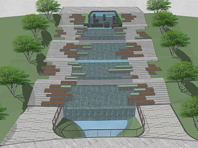 Stepped Water Fountain Design With Stone Paths And Surrounding Trees 3d model