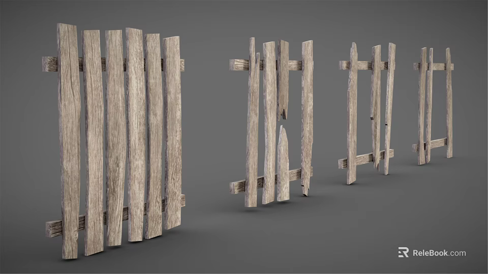 Rustic Outdoor Wooden Fences With Various Designs And Weathered Texture 3d model 