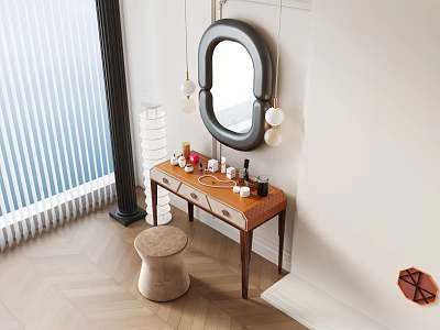 Stylish Dressing Table Interior With Oval Mirror Wooden Stool Pendant Lights And Cosmetics 3d model