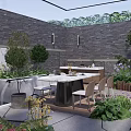Courtyard Garden Outdoor Dining Space With Marble Table White Chairs Green Plants And Modern Fountain