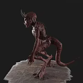 Red Horned Demon Game Movie Character with Sharp Teeth Claws Standing on Rock Base