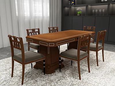 Classic Wooden Dining Table Set With Six Carved Chairs And Gray Seat Cushions 3d model