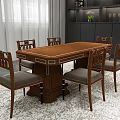 Classic Wooden Dining Table Set With Six Carved Chairs And Gray Seat Cushions