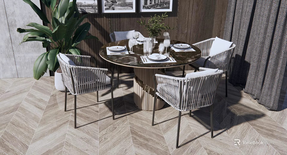 Modern Round Glass Top Dining Table With Wicker Chairs Potted Plant Framed Artworks 3d model 