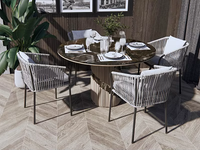 Modern Round Glass Top Dining Table With Wicker Chairs Potted Plant Framed Artworks 3d model