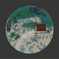 Cartoon Island Scene With Sand Beach Blue Water Brown Cabin Red Roof And Palm Trees