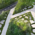Park Landscape Design With Green Lawns Curved Paths Stone Pavers And Lush Trees