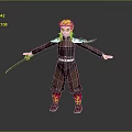 Anime Style Character With Blonde Hair Dark Red Uniform Sword Flame Patterns And Red Scarf