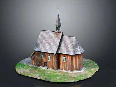 Wooden Church Building With Spire Sloped Roof Walls Windows And Grass Surroundings 3d model