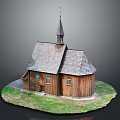 Wooden Church Building With Spire Sloped Roof Walls Windows And Grass Surroundings