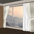 Light Beige Curtains Draped Open By Large Window With Mountain View And Wooden Cabinets