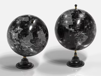 Two Black Decorative Globes With White Map Details On Sturdy Black Bases For Home Decor 3d model