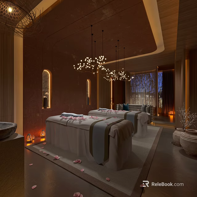 Luxurious SPA Sauna Interior With Massage Beds Flower Petals Bamboo Decorations And Warm Lighting 3d model 