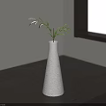 White Conical Vase With Green Leaves On Dark Wooden Tabletop Against Gray Wall And Window