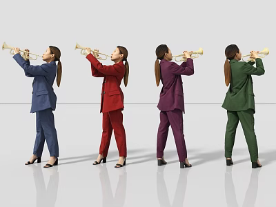 Women Wearing Colored Suits Playing Trumpets Against Grey Background With Reflected Floor 3d model