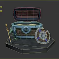 Open Treasure Chest Display With Gold Coins Sword And Shield On Hexagonal Stone Pedestal