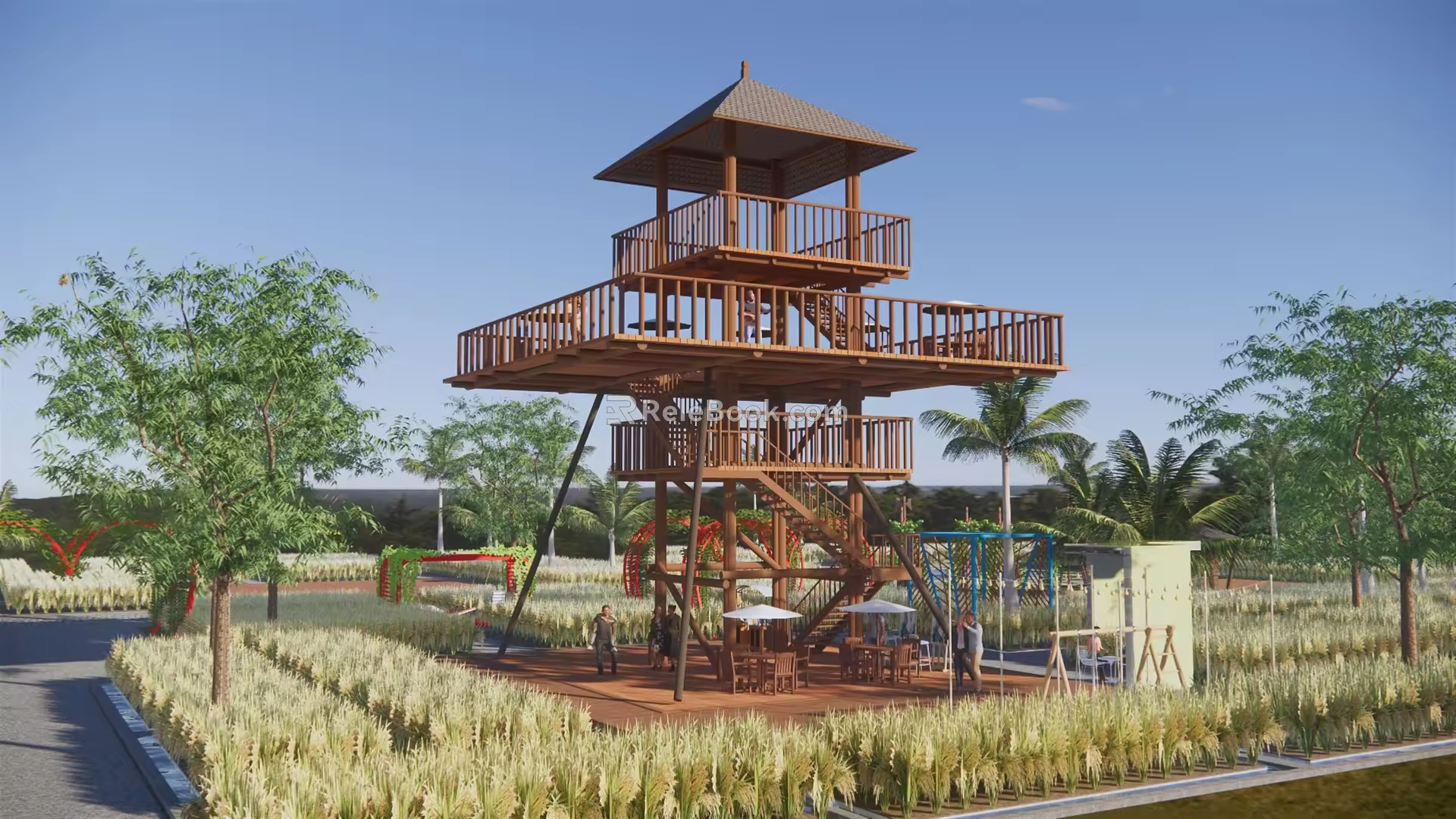 Modern Watchtower Viewing Tower Viewing Platform Viewing Tower Mountain Wooden Plank Road Thatched House Village Corridor Viewing Tower 3d model