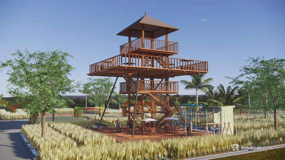 Wooden Multi Level Pergola Tower With Greenery Trees And Grassland Leisure Area 3d model 