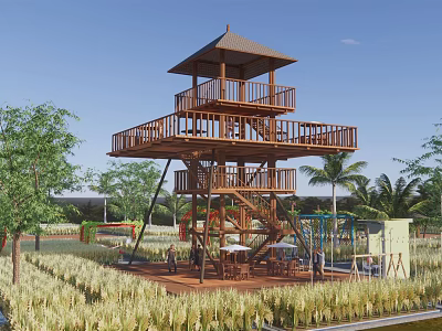 Wooden Multi Level Pergola Tower With Greenery Trees And Grassland Leisure Area 3d model