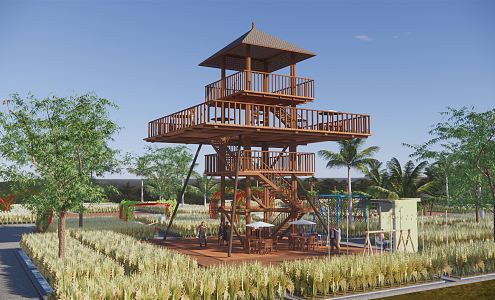 Modern Watchtower Viewing Tower Viewing Platform Viewing Tower Mountain Wooden Plank Road Thatched House Village Corridor Viewing Tower 3d model