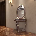 Wooden Dressing Table with Oval Mirror Gold Accents Wall Lamp Dark Doors and Patterned Floor