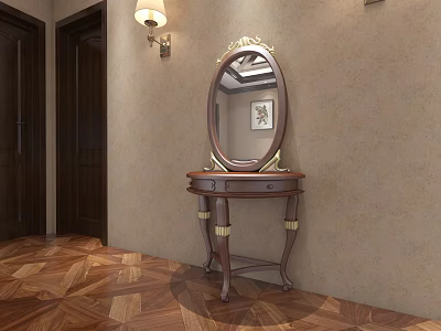 Wooden Dressing Table with Oval Mirror Gold Accents Wall Lamp Dark Doors and Patterned Floor 3d model