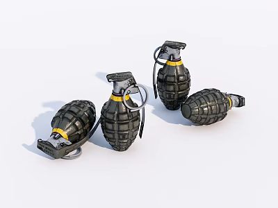 Military Grenades With Yellow Stripes And Pull Ring Mechanism On White Background 3d model