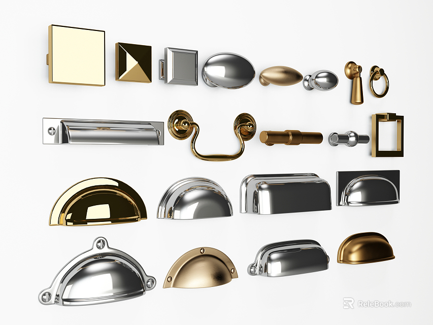 Various Metal Cabinet Handles In Different Designs And Gold Silver Finishes 3d model 