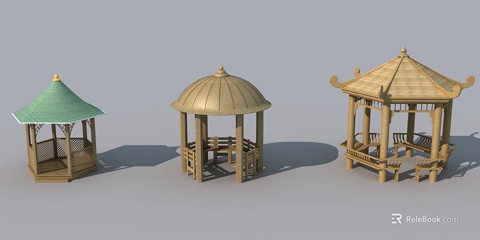 Various Wooden Gazebos with Unique Roof Designs for Garden Landscaping 3d model 
