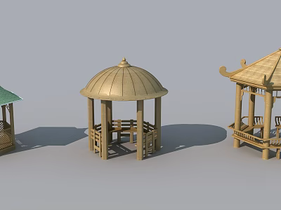 Various Wooden Gazebos with Unique Roof Designs for Garden Landscaping 3d model