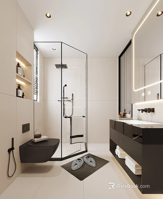 Modern Bathroom Interior Design With Glass Shower Enclosure Wall Mounted Toilet And Double Vanity 3d model 