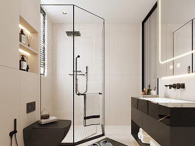 Modern Bathroom Interior Design With Glass Shower Enclosure Wall Mounted Toilet And Double Vanity 3d model