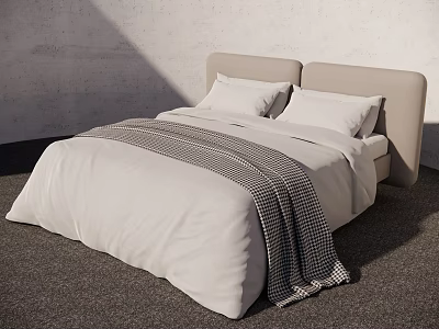 Light Colored Double Bed With Beige Headboard Two Pillows And Checkered Blanket On Dark Carpet 3d model