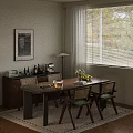 Elegant Wooden Dining Table Set With Chairs Flower Arrangement Glassware Near Window And Floor Lamp