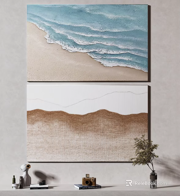 Decorative Wall Paintings Featuring Ocean Waves Sandy Beach And Mountain Texture With Small Plant 3d model