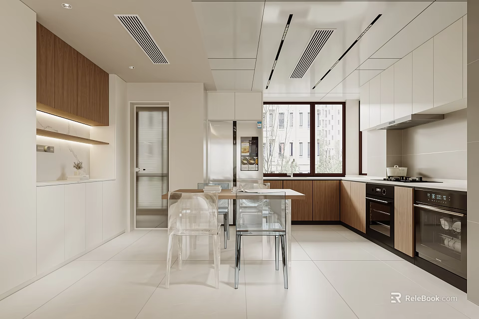 Modern Open-concept Kitchen Interior With White Cabinets Dining Area And Bright Lighting 3d model