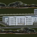 Modern Office Building Exterior With Glass Curtain Walls Large Windows And Front Lawn