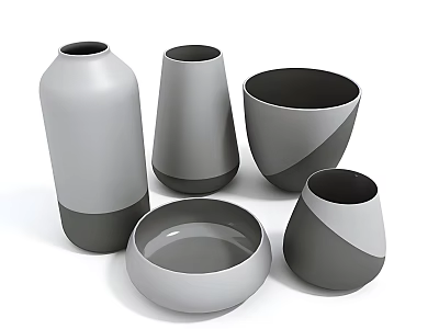 Modern Decorative Vases And Bowls In Different Shapes With Grey White Tones 3d model