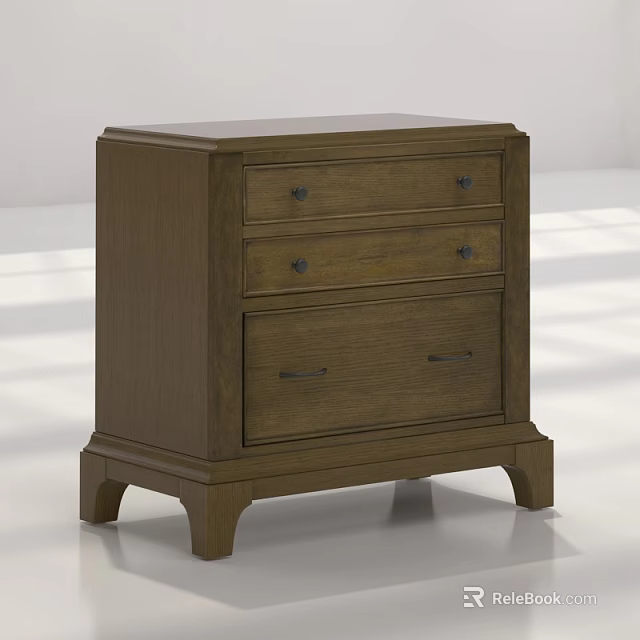 Classic Wooden Nightstand With Three Drawers Wood Grain And Metal Handles Design 3d model 