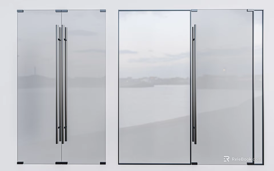 Modern Frosted Glass Double Doors With Metal Handles And Sea View Interior 3d model 