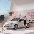Public Office Space Interior Featuring Ora Car Pink Background Staircase Balloons Flowers and Female Model